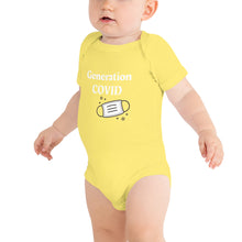 Load image into Gallery viewer, infant in onesie that says Generation COVID in light yellow also available in the following t-short colorsblack, dark grey heather, heather columbia blue, pink
