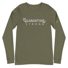 Load image into Gallery viewer, Olive green Long Sleeve T-shirt with Quarantine Strong and 333 Explosion on left sleeve. t-shirt colors available black, navy, maroon, red, dark grey heather, athletic heather