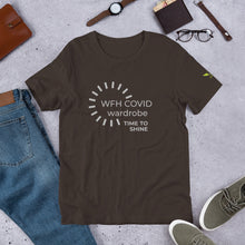 Load image into Gallery viewer, brown t-shirt with WFH COVID wardrobe time to shine. 333 Explosion logo on left sleeve. T-shirt colors also available black, Heather deep teal, aqua, mauve, heather orchid, heather true royal