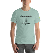 Load image into Gallery viewer, Man in heather heather prism dusty blue t-shirt with Quarantini Anyone with image of drink with a straw 333 Explosion logo on left sleeve. t-shirt colors available heather prism lilac, heather dust, light blue, white