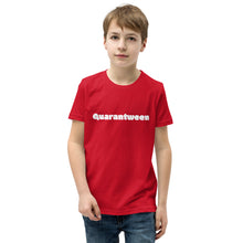 Load image into Gallery viewer, youth boy in a red t-shirt with Quarantween on the front. t-shirt colors available navy, true royal, berry, kelly green, heather columbia blue