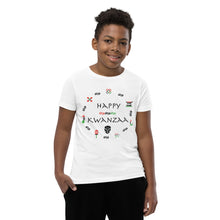 Load image into Gallery viewer, Youth male wearing a white t-shirt that says Happy Kwanzaa. T-shirt is also available in kelly green