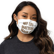 Load image into Gallery viewer, Woman in a white face mask with My Life Matters Mask Up with 333 Explosion logo
