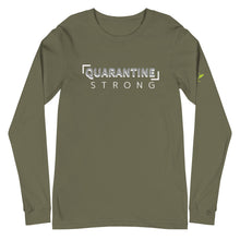 Load image into Gallery viewer, Olive green Long Sleeve T-shirt with Quarantine Strong and 333 Explosion on left sleeve. t-shirt colors available black, navy, maroon, red, dark grey heather, athletic heather 
