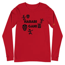 Load image into Gallery viewer, red long sleeve t-shirt that says Habari Gani with images of dancers and african mask
