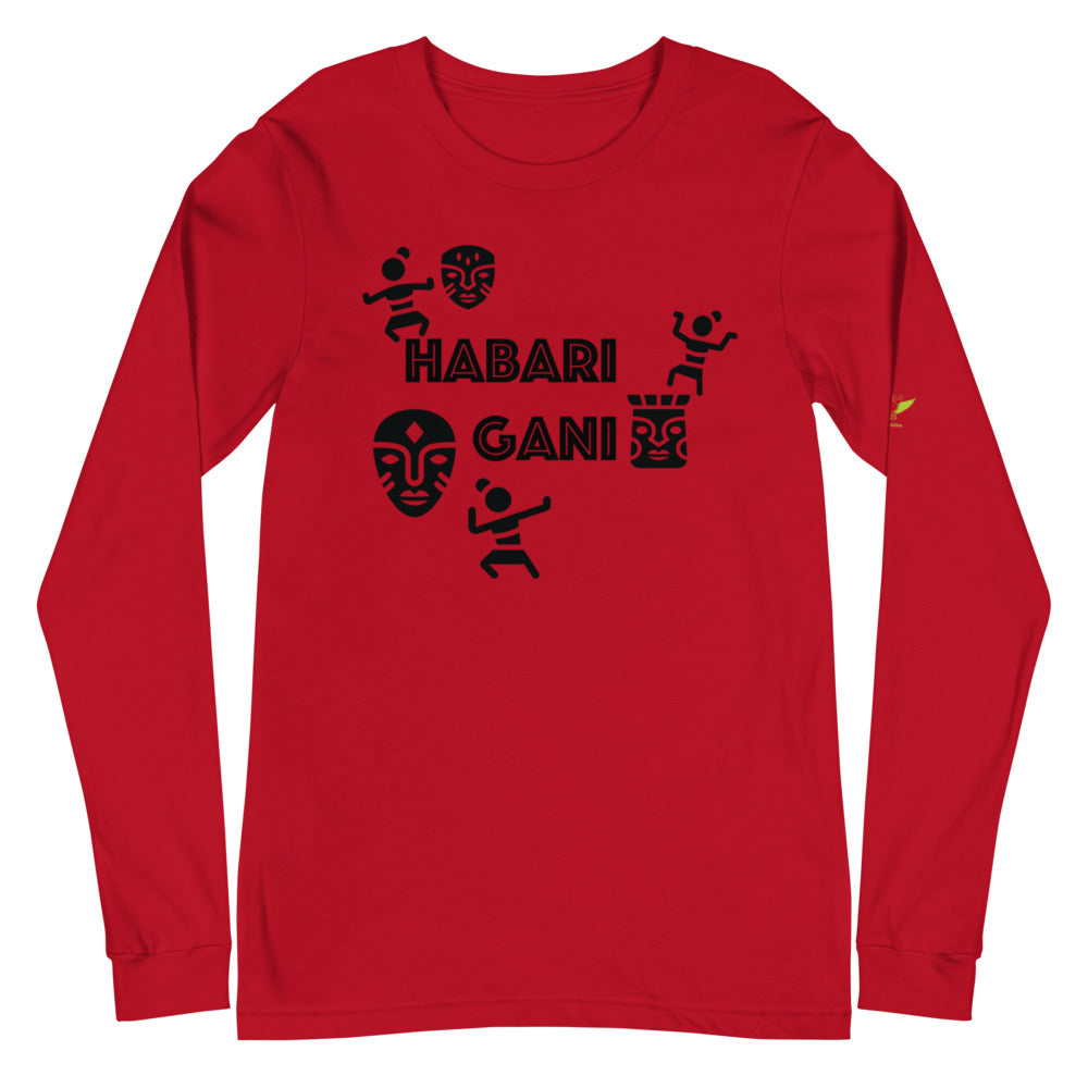 red long sleeve t-shirt that says Habari Gani with images of dancers and african mask