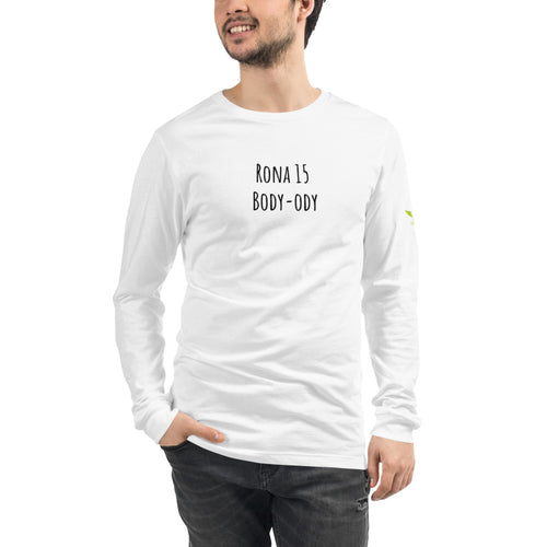 male in white long sleeve t-short with Rona 15 body-ody 333 Explosion logo on left sleeve. t-shirt colors available red, athletic heather