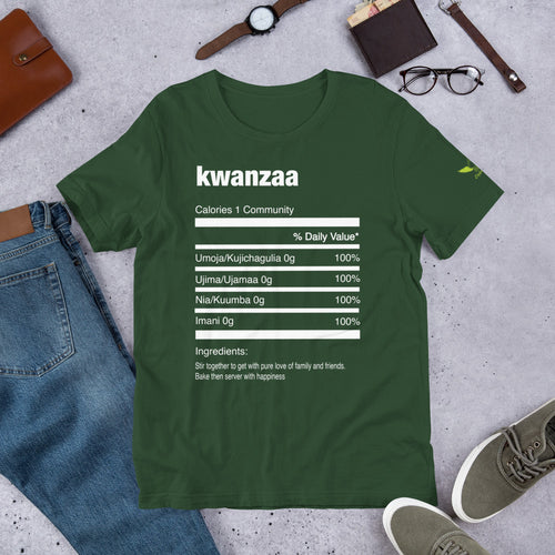 Forest green t-shirt with all the 7 principles of Kwanzaa in a ingredients format