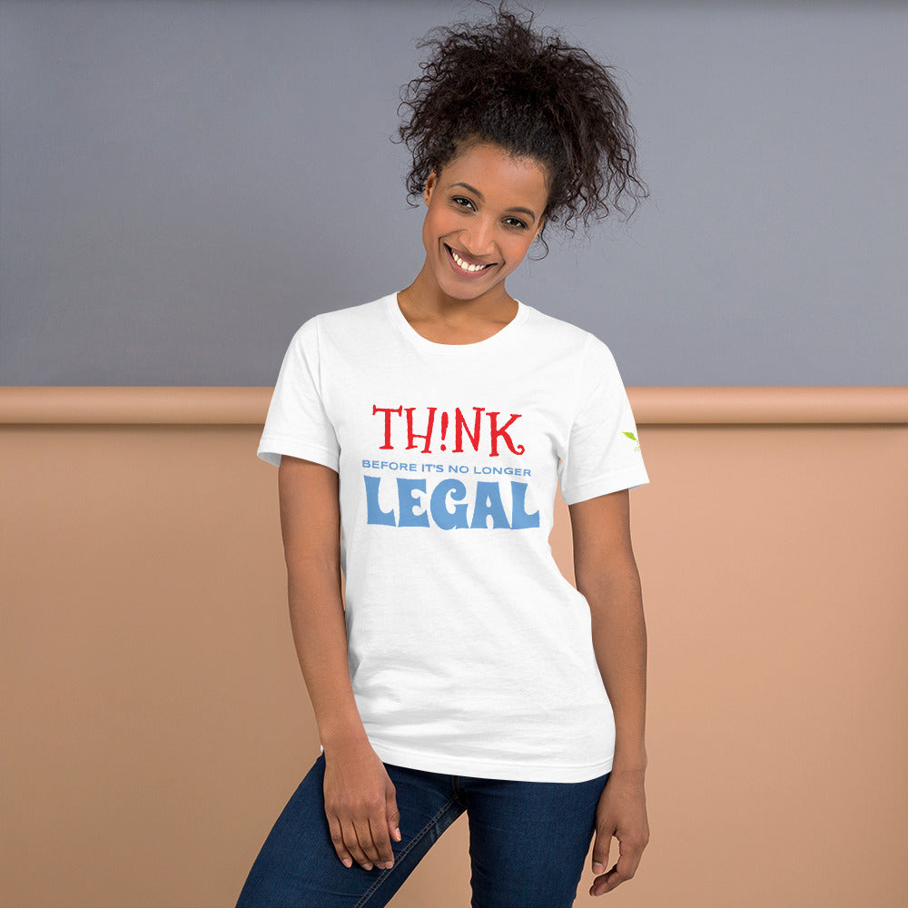 woman in white t-shirt the Think before its not longer legal. 333 Explosion logo on left sleeve