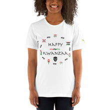 Load image into Gallery viewer, Woman wearing a white t-shirt that say Happy Kwanzaa with the 7 principles with adinkra symbols of Kwanzaa. T-shirt is also available is kelly green color
