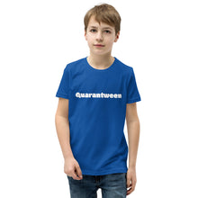Load image into Gallery viewer, youth boy in a royal blue t-shirt with Quarantween on the front
