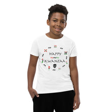 Load image into Gallery viewer, Youth male wearing a white t-shirt that says Happy Kwanzaa. T-shirt is also available in kelly green
