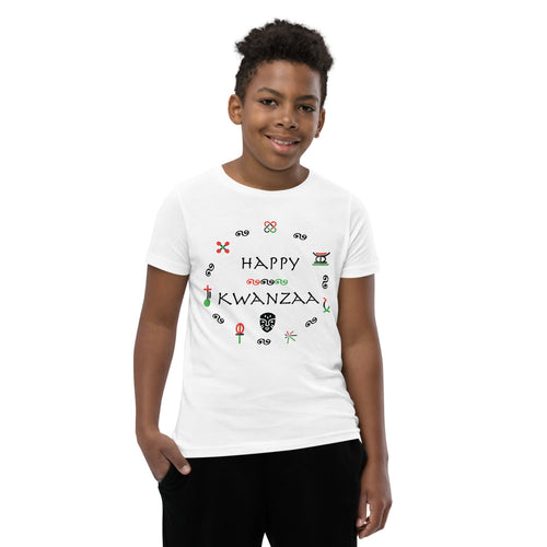 Youth male wearing a white t-shirt that says Happy Kwanzaa. T-shirt is also available in kelly green